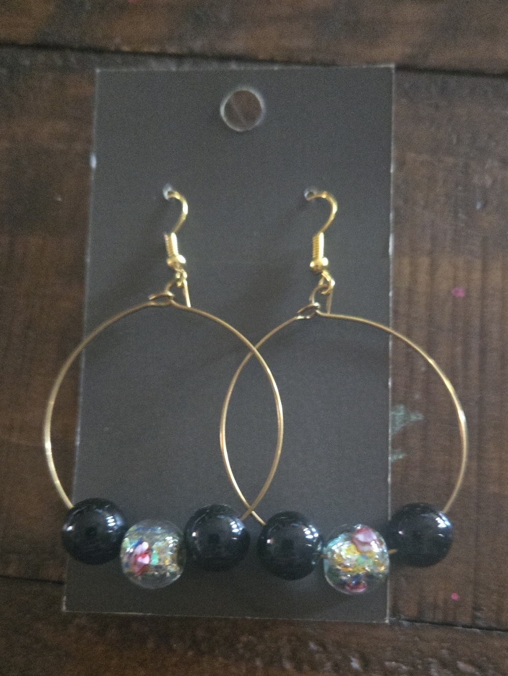 Gold Hoop Earrings with Black and Multicolor Beads